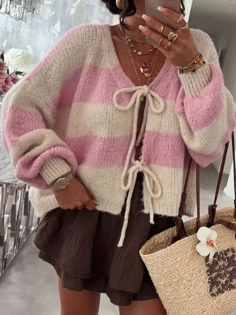 Tie-Front Knit Striped Cardigan