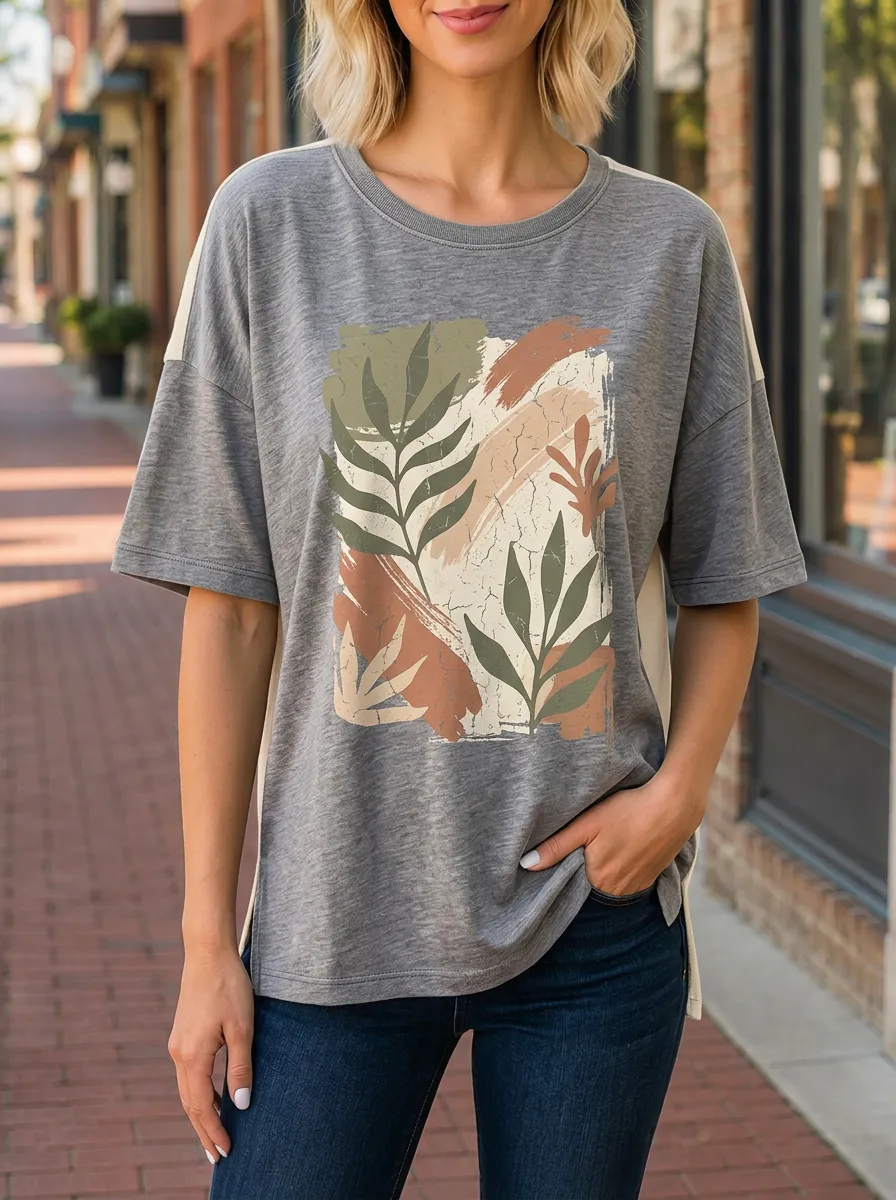 Women's Boho Botanical Abstract Art Printed T-shirt