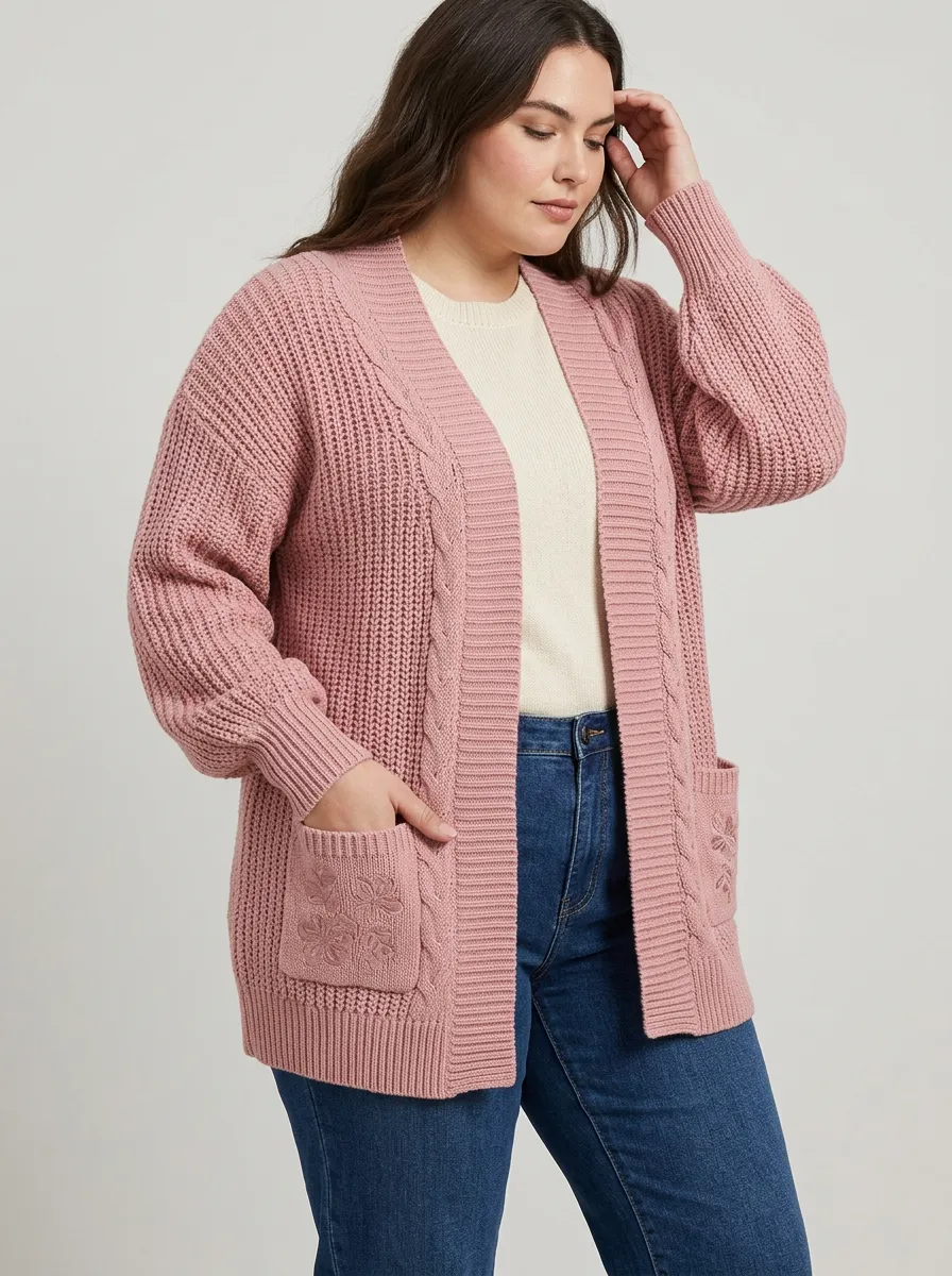 Women's Dusty Rose Cable-Knit Open Open-Front Cardigan