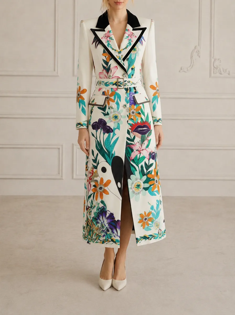 Women's Floral Botanical Lips Pattern Printed Trench Coat