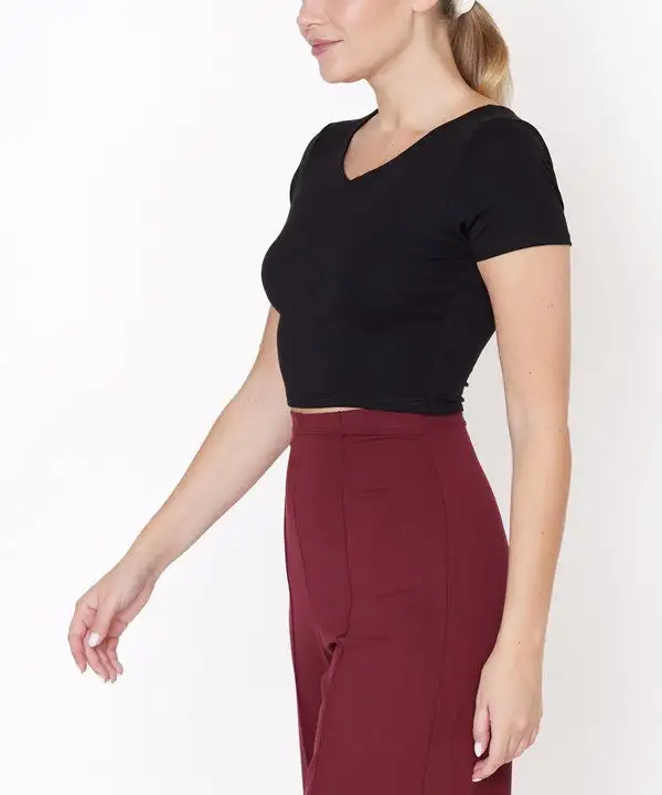 Bamboo Double Front V Neck Crop Tee