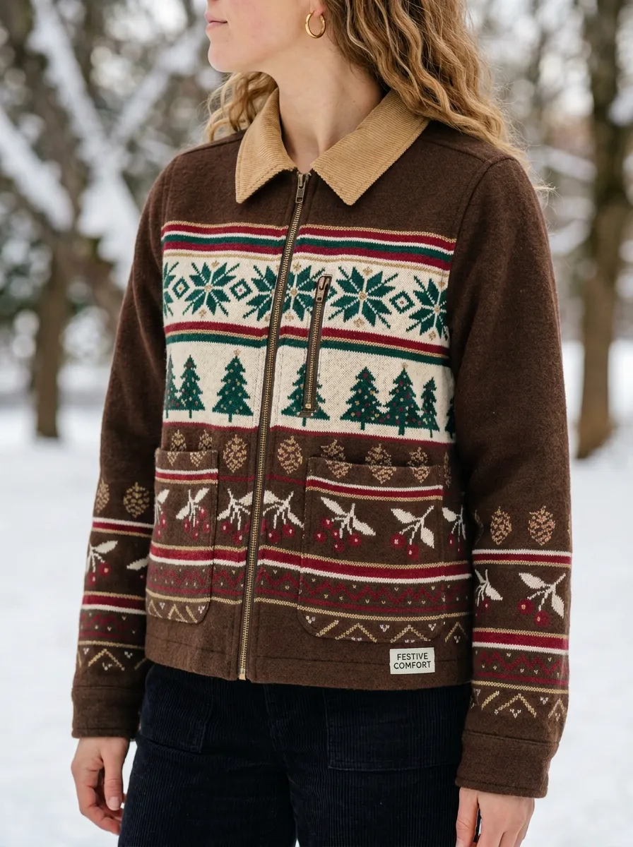 Christmas Holiday Snowflake Tree Print Zip Jacket