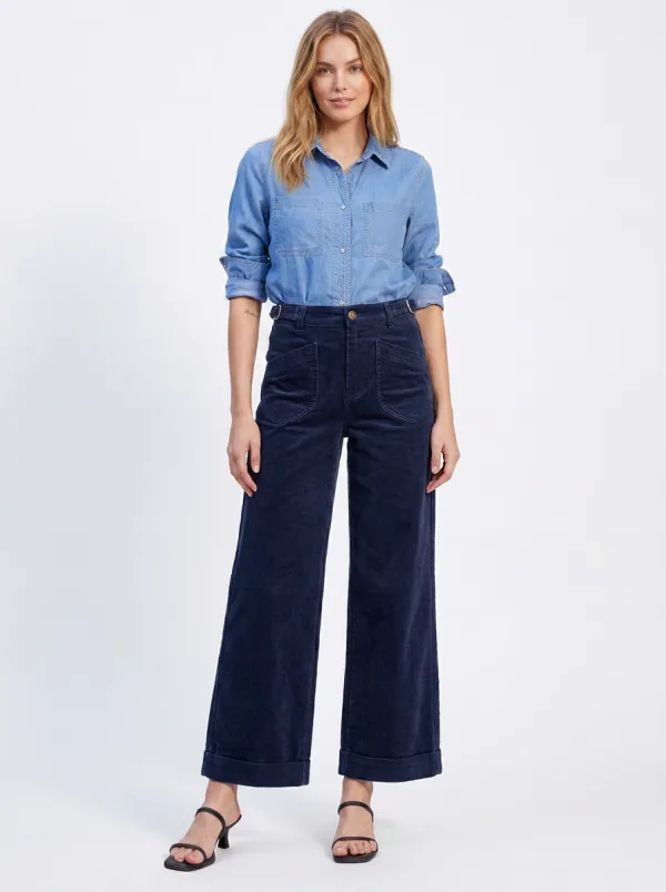 Women's Casual Navy Corduroy Wide Leg Trousers