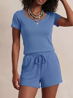 Drawstring Pocketed Tee and Shorts Matching Set