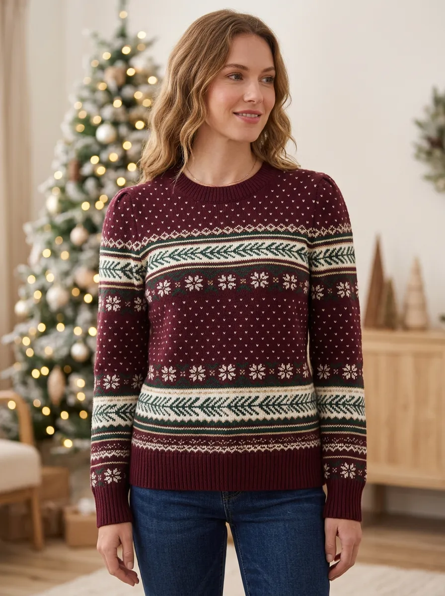Christmas Holiday Snowflake Fair Isle Print Sweater