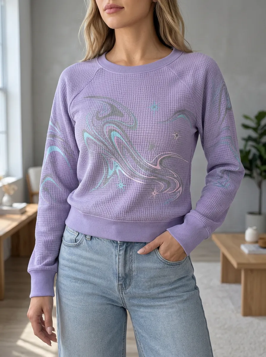 Women's Millennium Aesthetic Swirl Star Patterned Waffle Knit Crewneck Sweatshirt