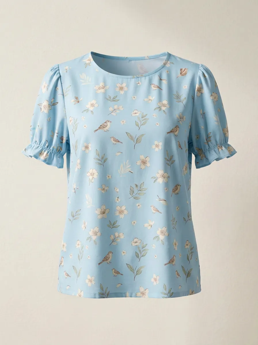 Cherry Blossom Bird Nature Women's Loose Printed T-Shirt
