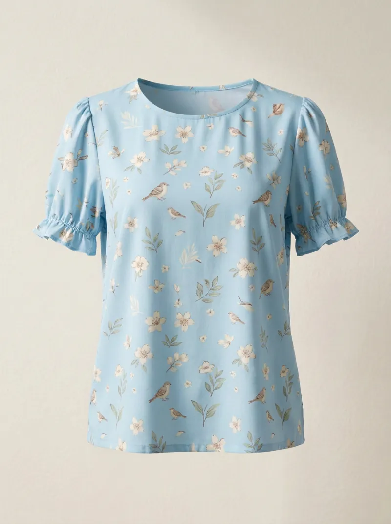 Cherry Blossom Bird Nature Women's Loose Printed T-Shirt