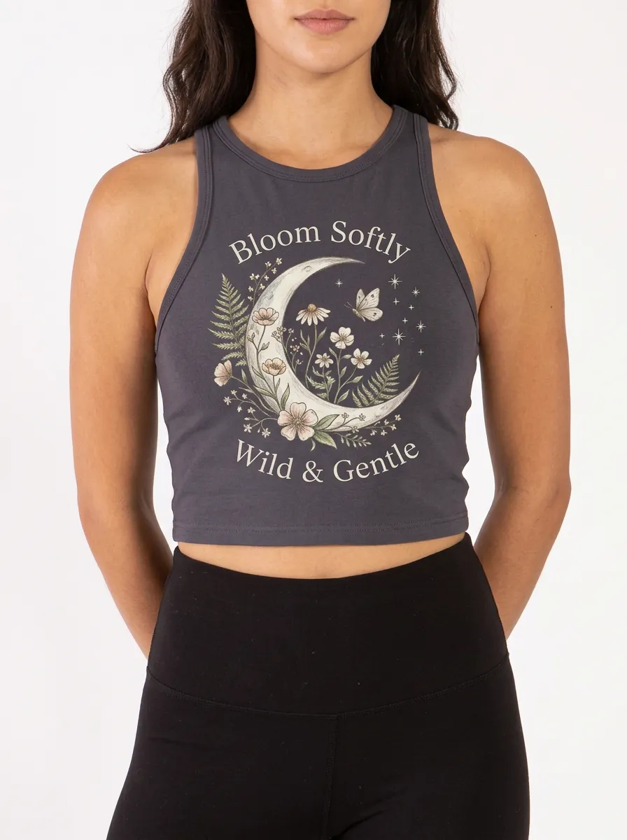 Women's Celestial Floral Moon Butterfly Printed Crop Tank Top