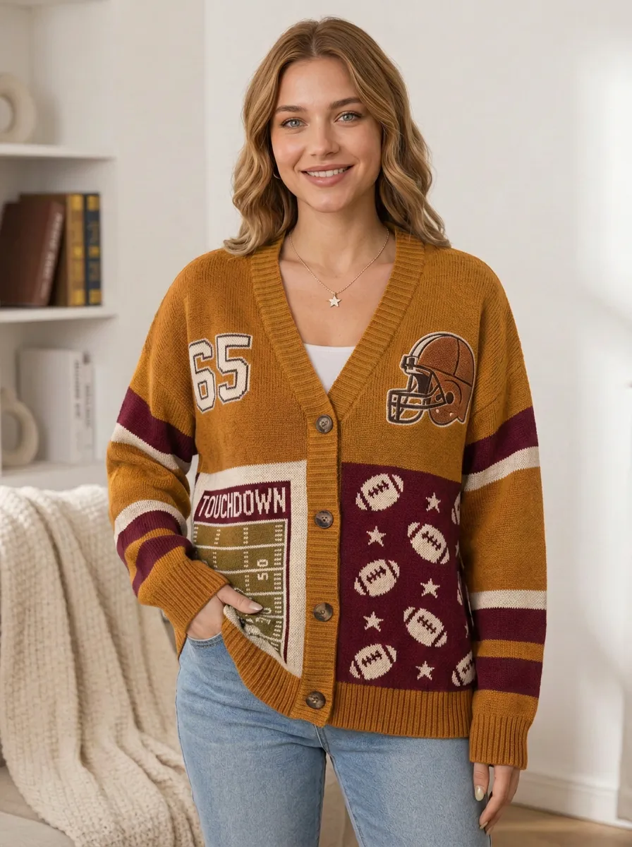 Women's Gridiron Helmet Ball Touchdown Knit Cardigan