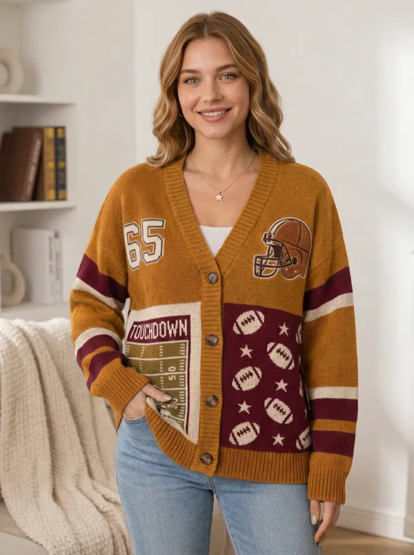 Women's Gridiron Helmet Ball Touchdown Knit Cardigan