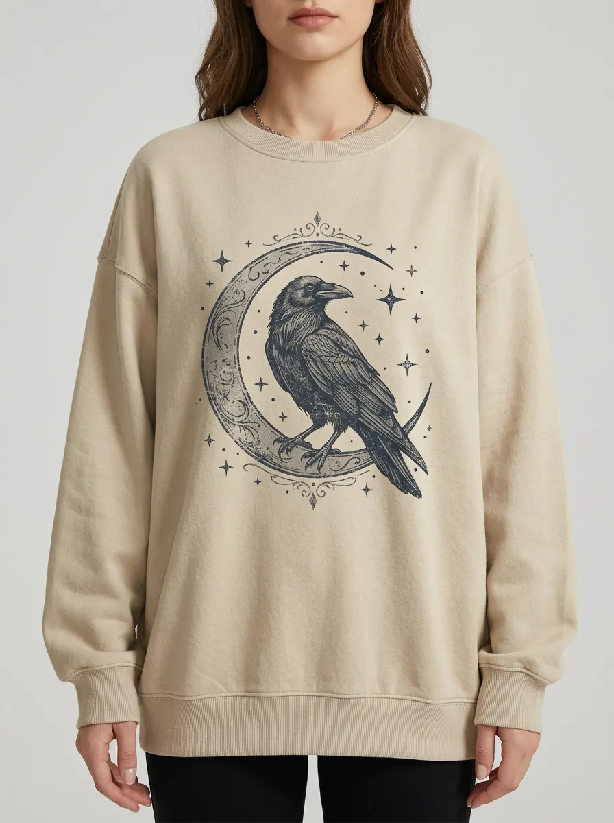 Women's Halloween Gothic Raven Moon Stars Printed Sweatshirt