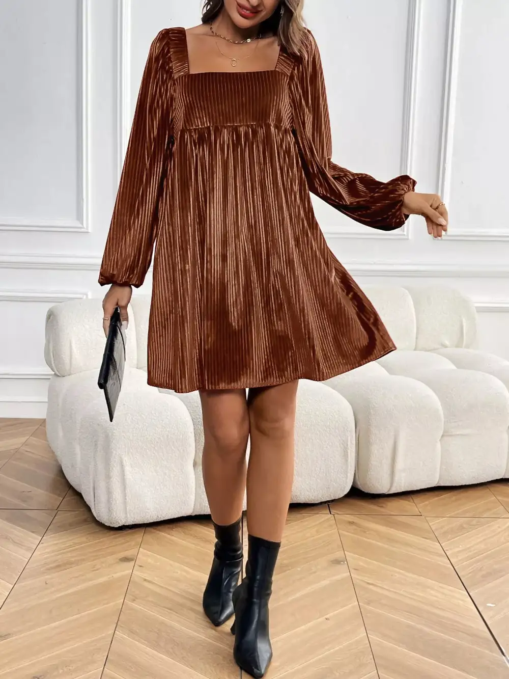 Square Neck Long Sleeve Casual Dress