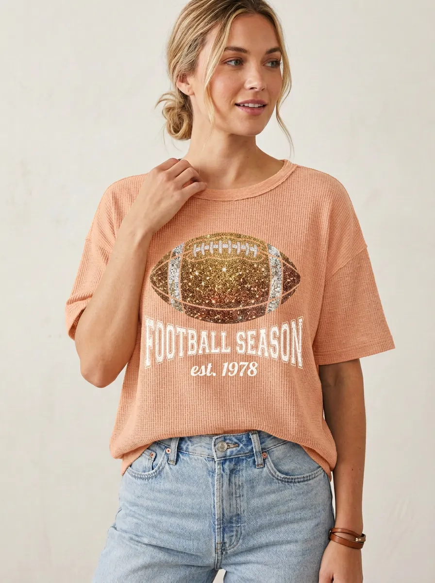 Women's Playbook Inspired Football Ball Sparkle Crew Neck Graphic T-Shirt