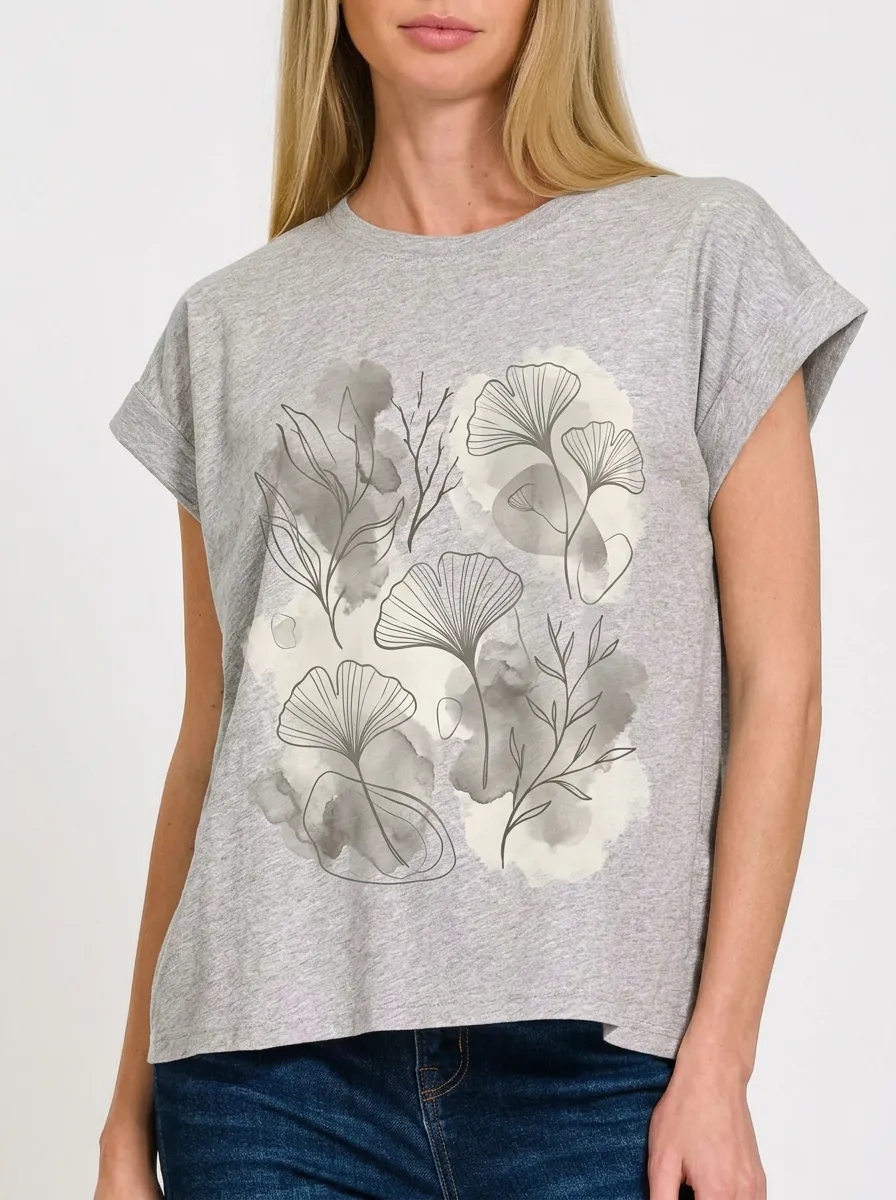 Women's Botanical Ginkgo Leaf Watercolor Printed T-shirt
