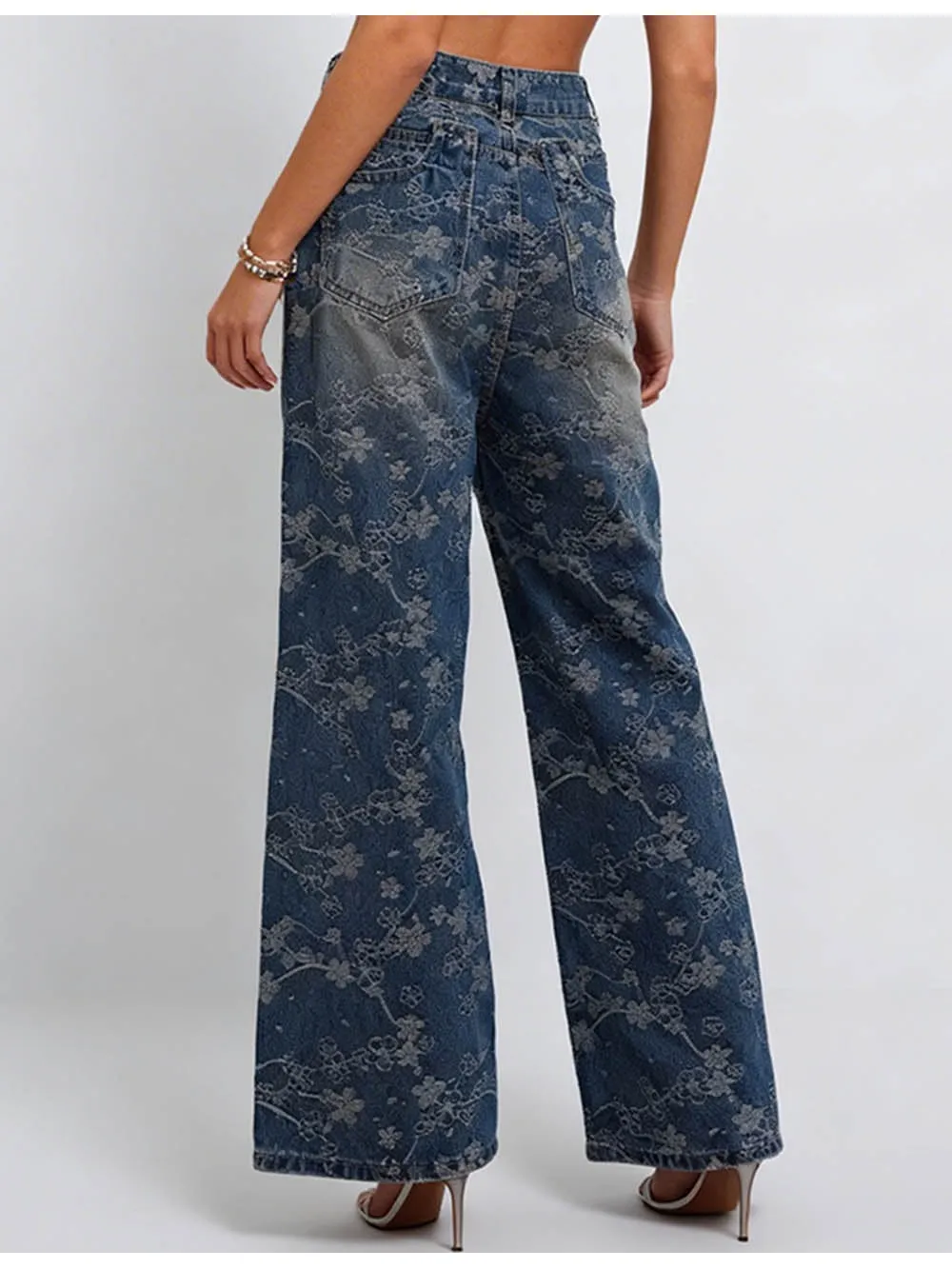 Rhinestone Jacquard Jeans Button Waist Wide Leg Denim Pants