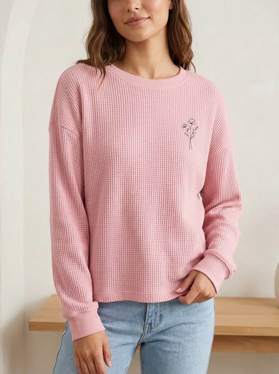 Women's Minimalist Floral Line Art Printed Waffle Knit Sweatshirt