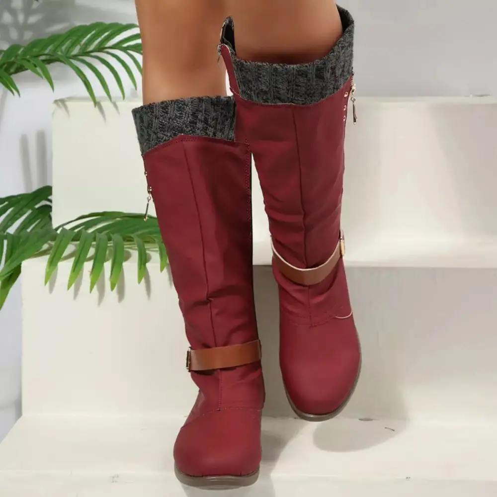 Ruffled Round Toe Block Heels Boots