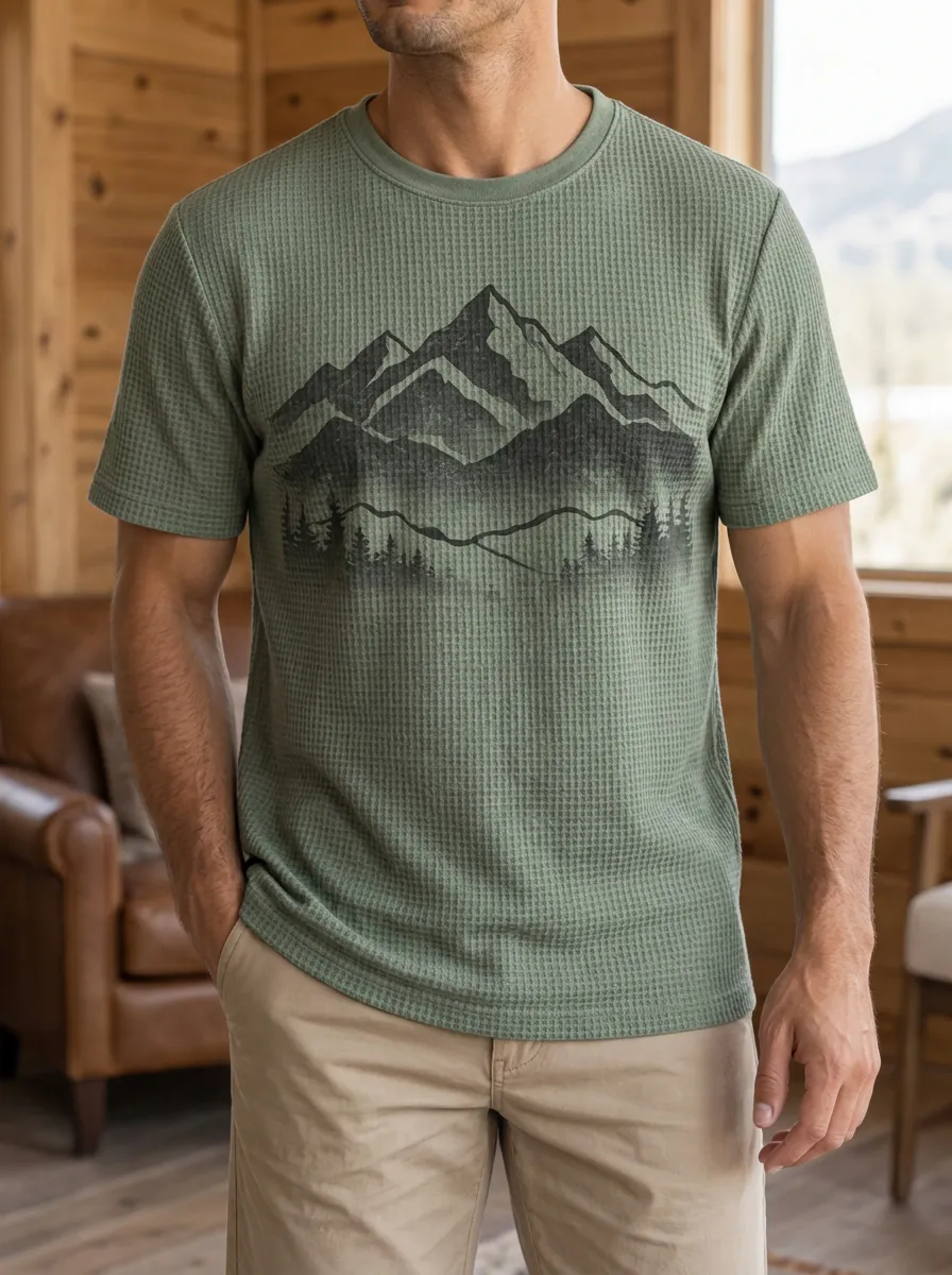 Men's Outdoor Nature Lover Mountain Forest Waffle Original Crew Neck T-Shirt
