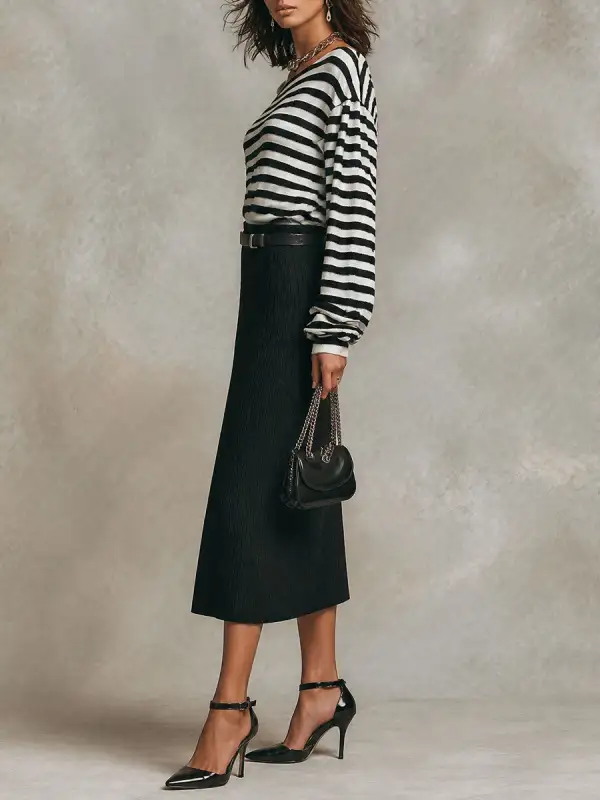 Boho Off-Shoulder Knit Striped Top & Textured Midi Skirt Set