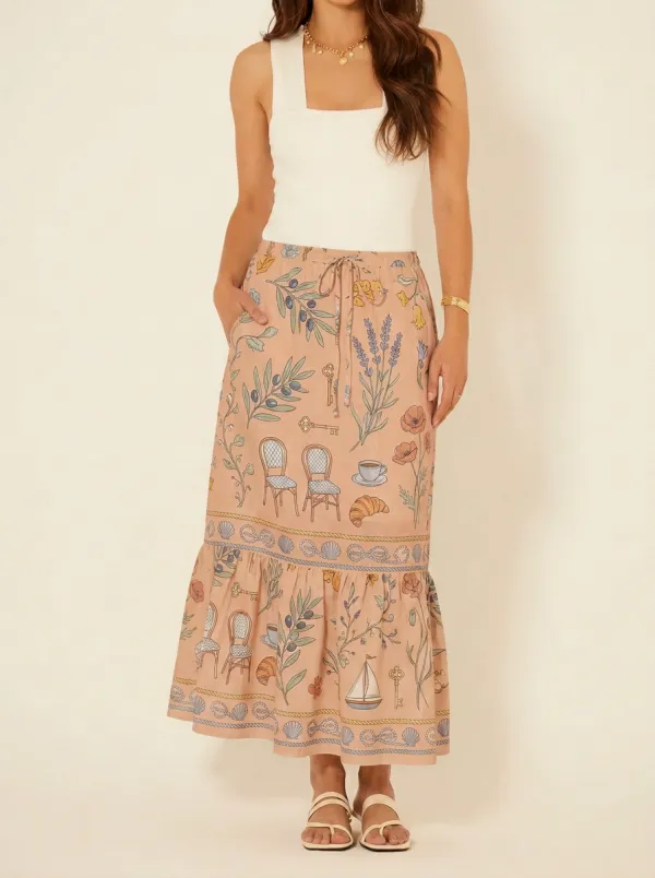 Women's French Riviera Aesthetic Olive Floral Printed Midi Skirt