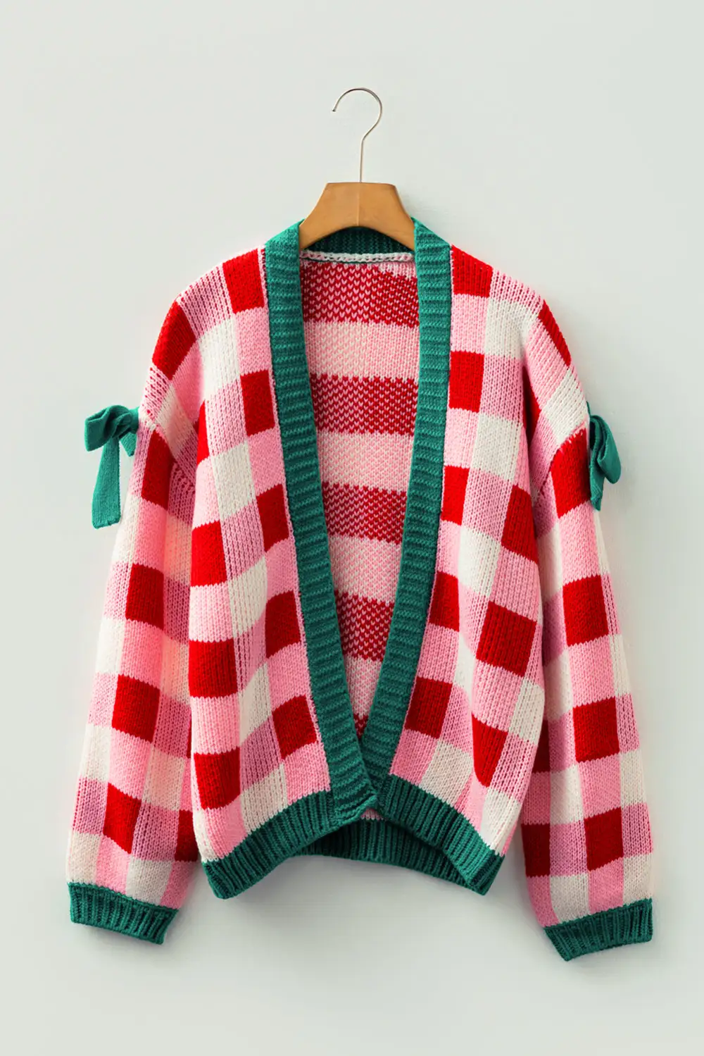 Plaid Knit Bow Knot Decor Open Front Cardigan