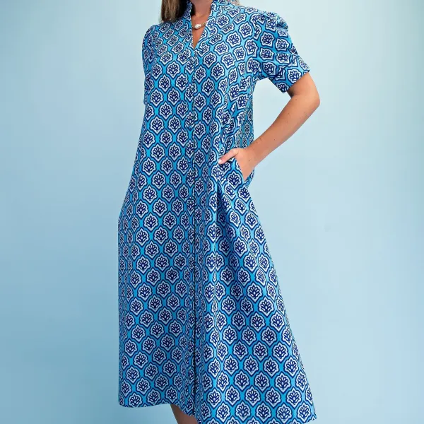 Ruffle Detail Short Sleeve Button Front Mixed Print Dress