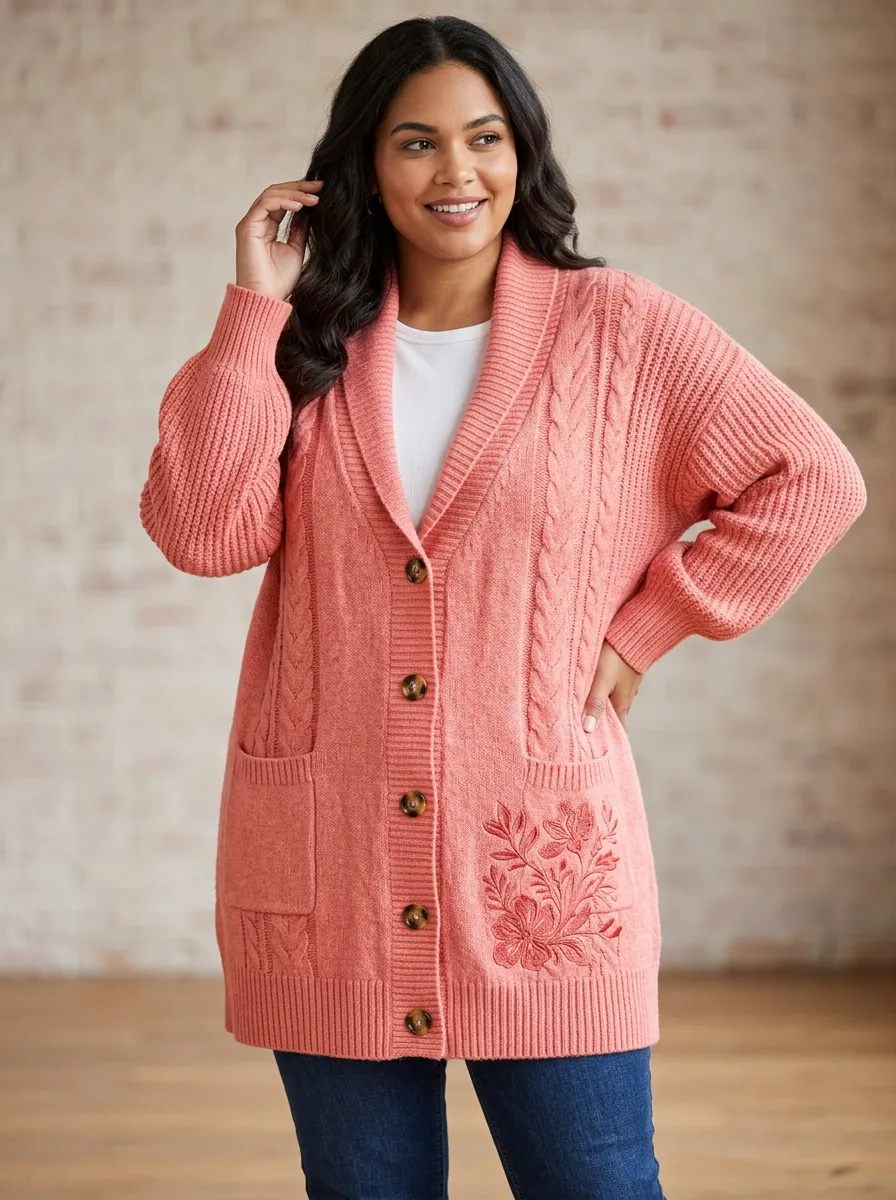 Women's Floral Pattern Pink Cable Knit Embroidered Cardigan