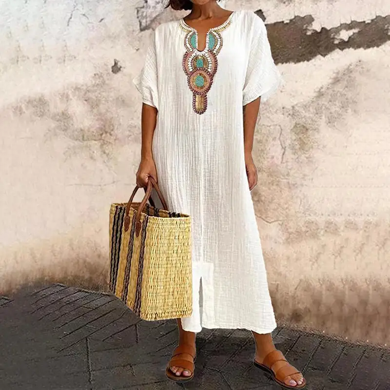 🌿Women's Embroidered Maxi Dress with Front Slit
