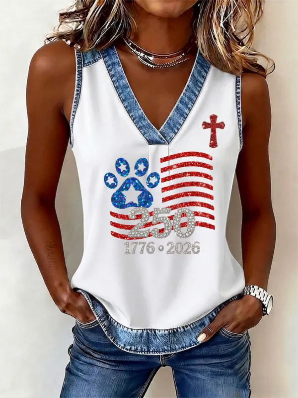 Women's Independence Day Paw Art Print Sleeveless Top