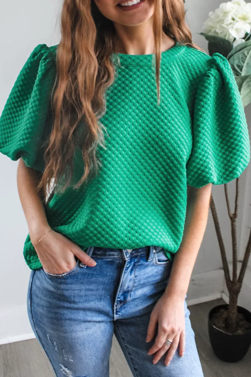 Textured Crew Neck Puff Sleeve Blouse
