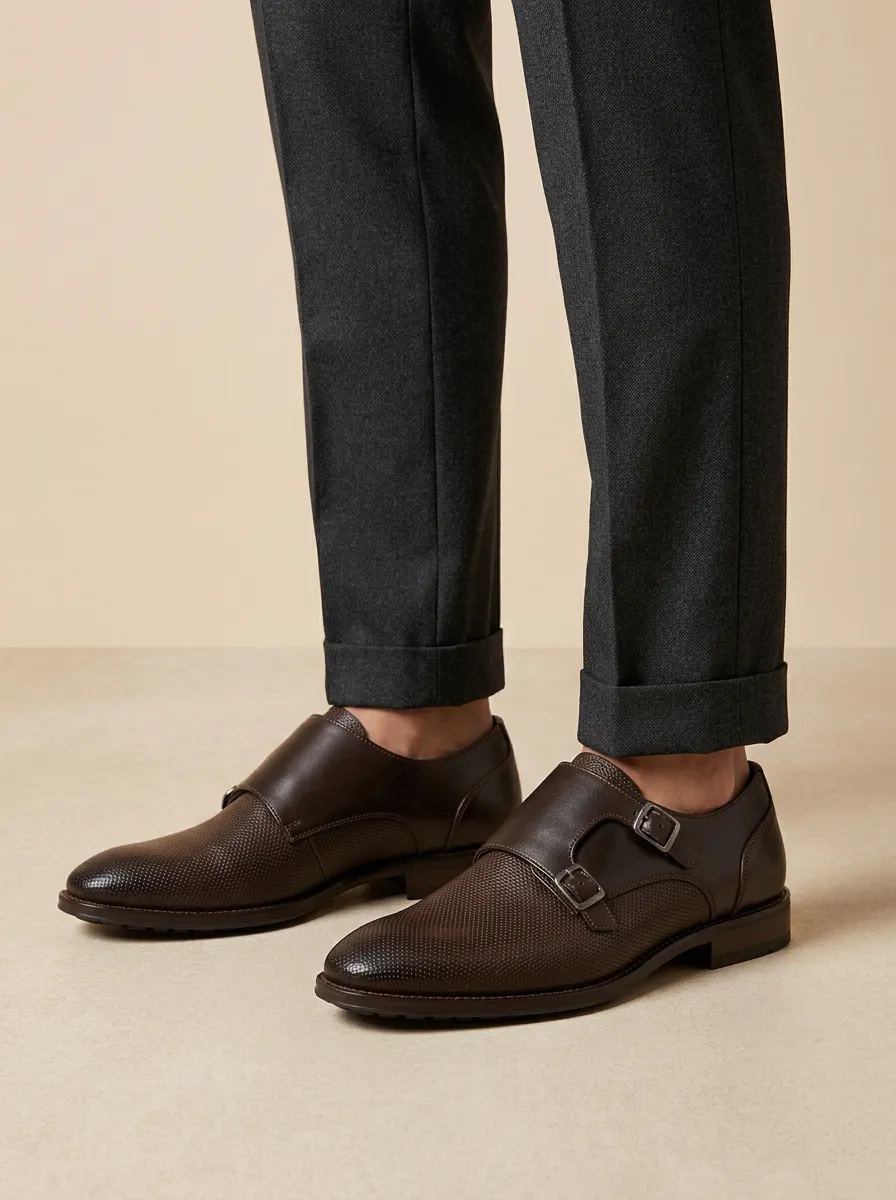 Men's Contemporary Business Formal Textured Double Monk Strap Leather Shoes