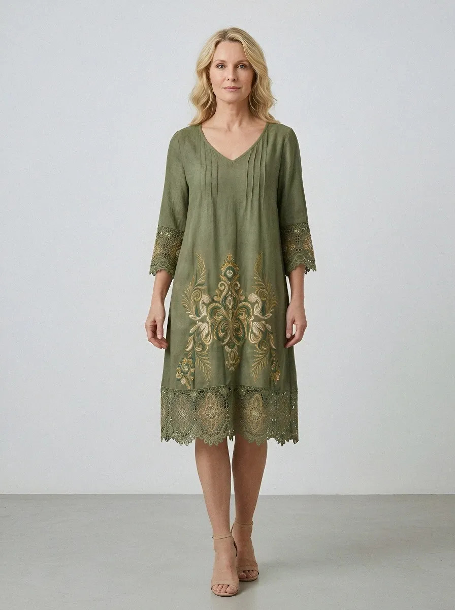 Women's Summer Vacation Olive Floral Embroidered Lace Trimmed Dress