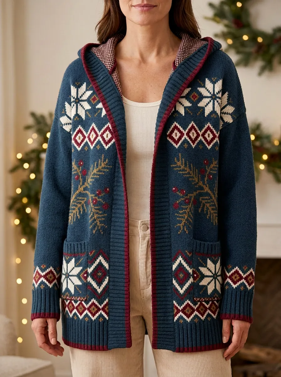 Christmas Snowflake Pine Branch Pattern Print Hooded Cardigan
