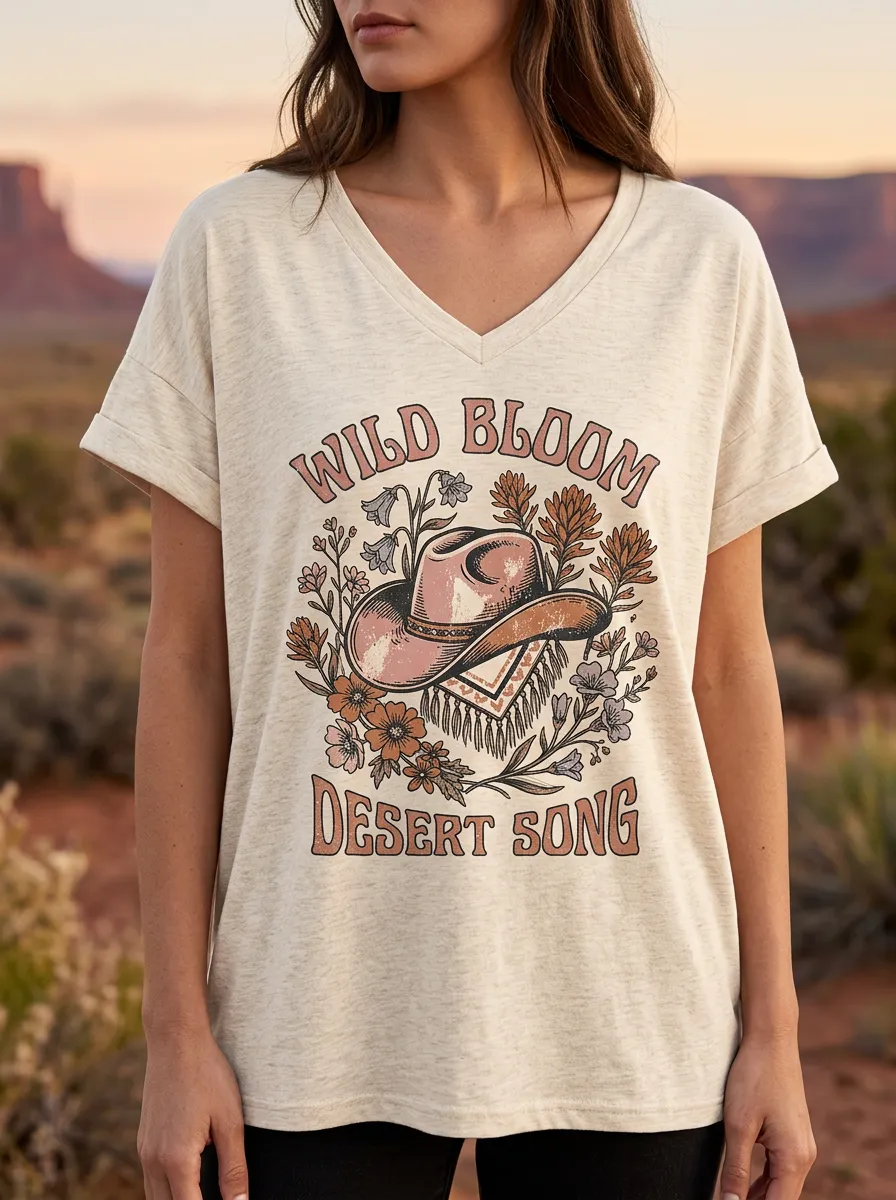 Women's Western Cowboy Hat Floral Desert Song Printed V-Neck T-Shirt