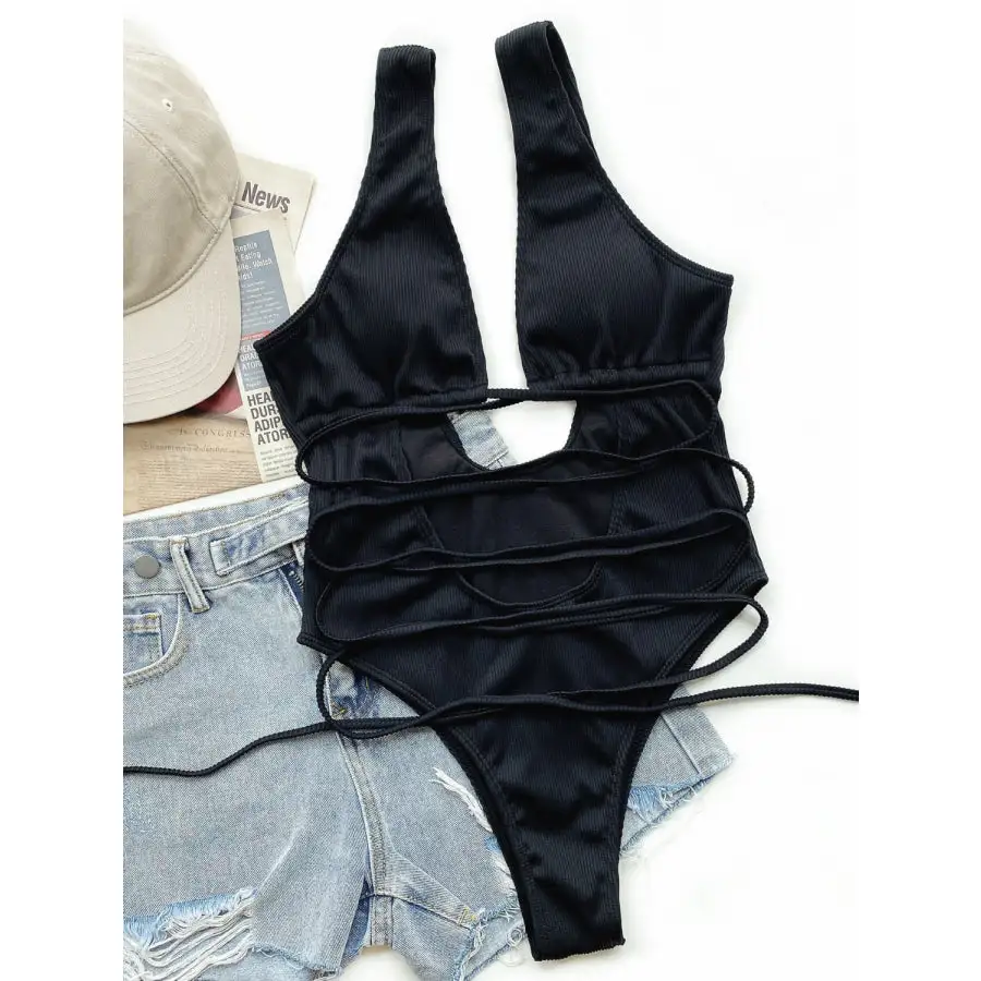 Women's Ribbed Lace-Up One-Piece Swimsuit