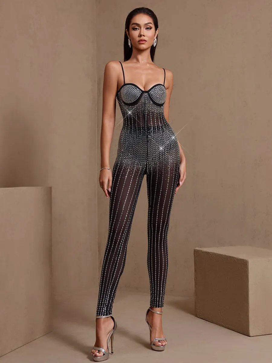 Liliana Sexy Corset Rhinestone Gauze Jumpsuit