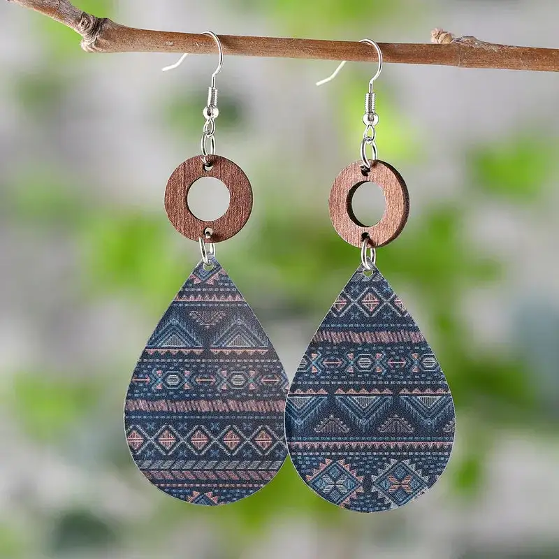 Wooden Stainless Steel Geometric Teardrop Earrings