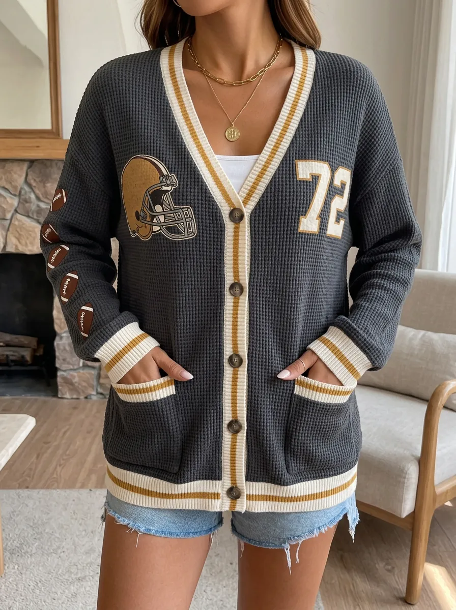 Women's Football Fan Helmet 72 Printed Waffle Knit Cardigan