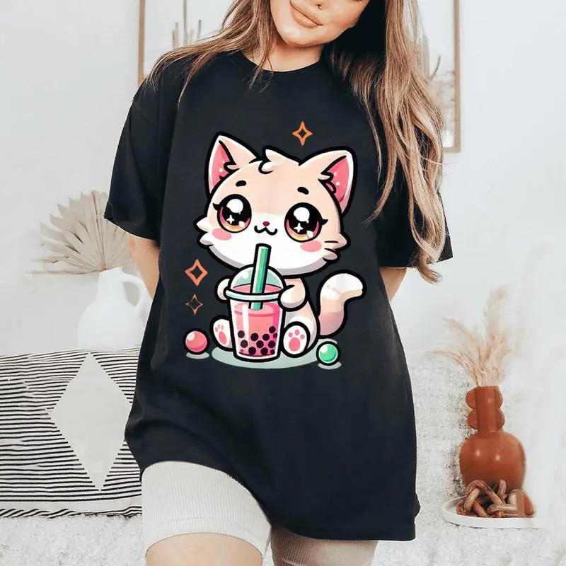 Cute Cat Boba Tea Bubble Tea Anime Kawaii Neko Girls Women's Oversized Comfort T-Shirt