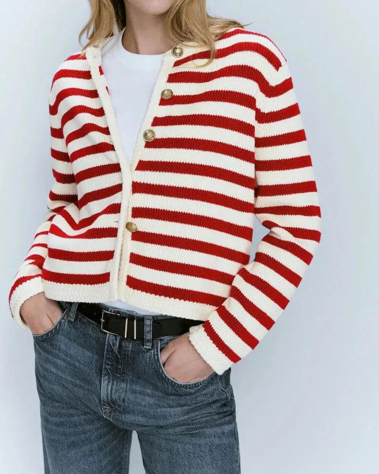 Cotton Button-Front Round-Neck Slim-Fit Cardigan