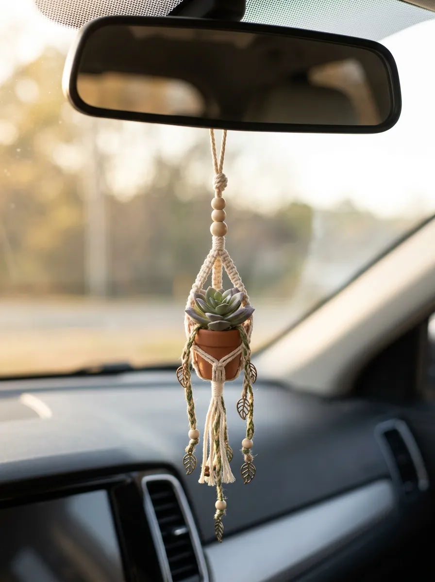 Refined Macrame Plant Rearview Mirror Hanging Ornament