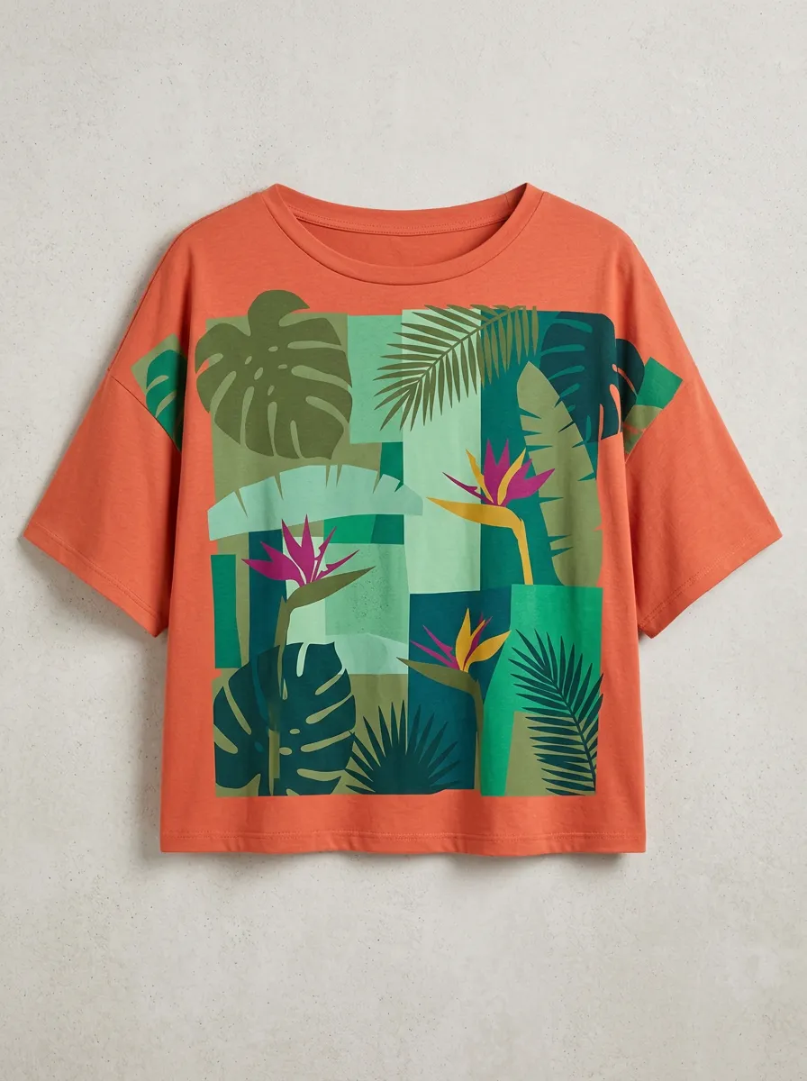 Women's Terracotta Tropical Print Boxy T-Shirt