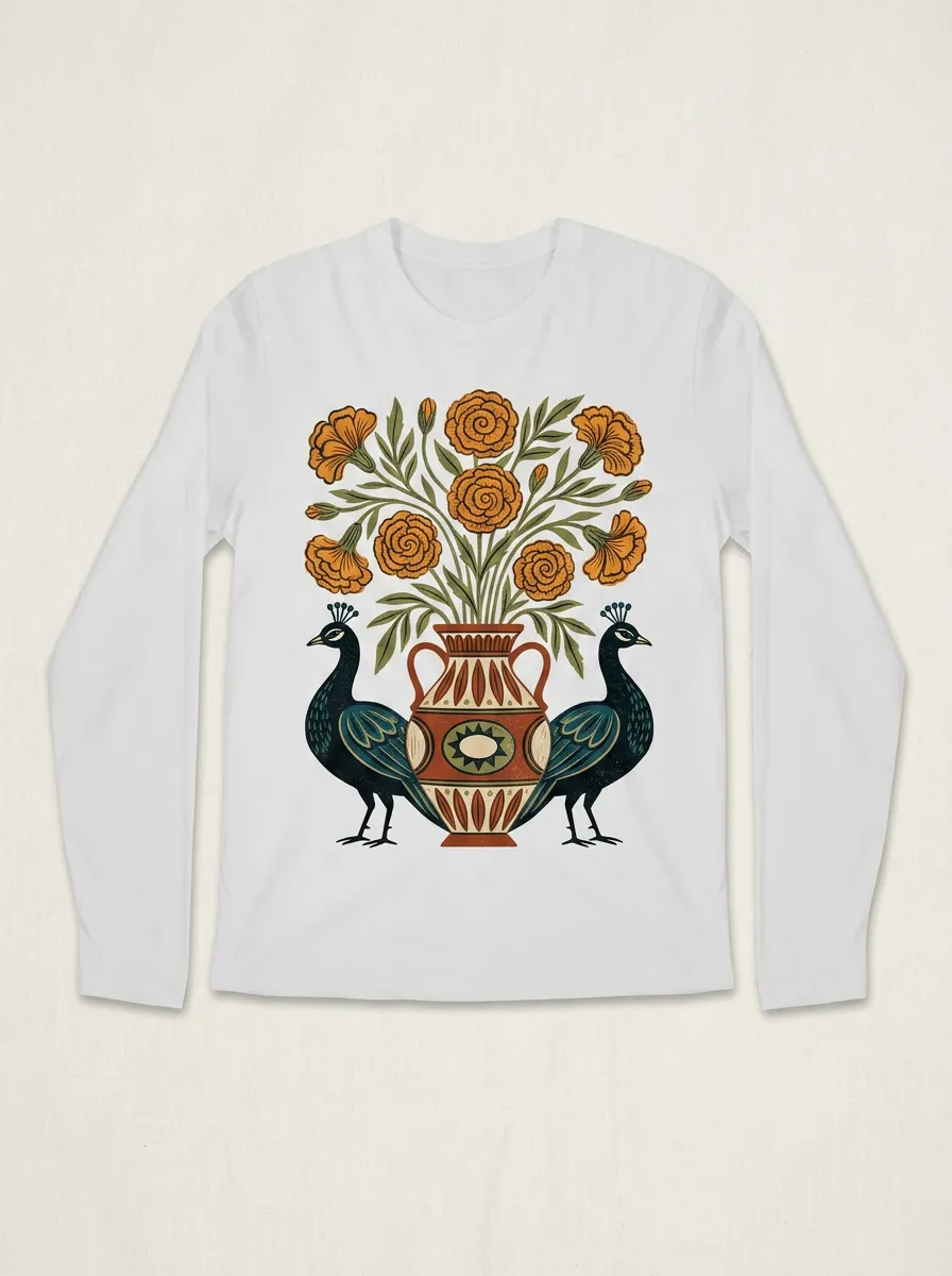 Unisex Folk Art Peacock Flower Vase Long Sleeve T-Shirt