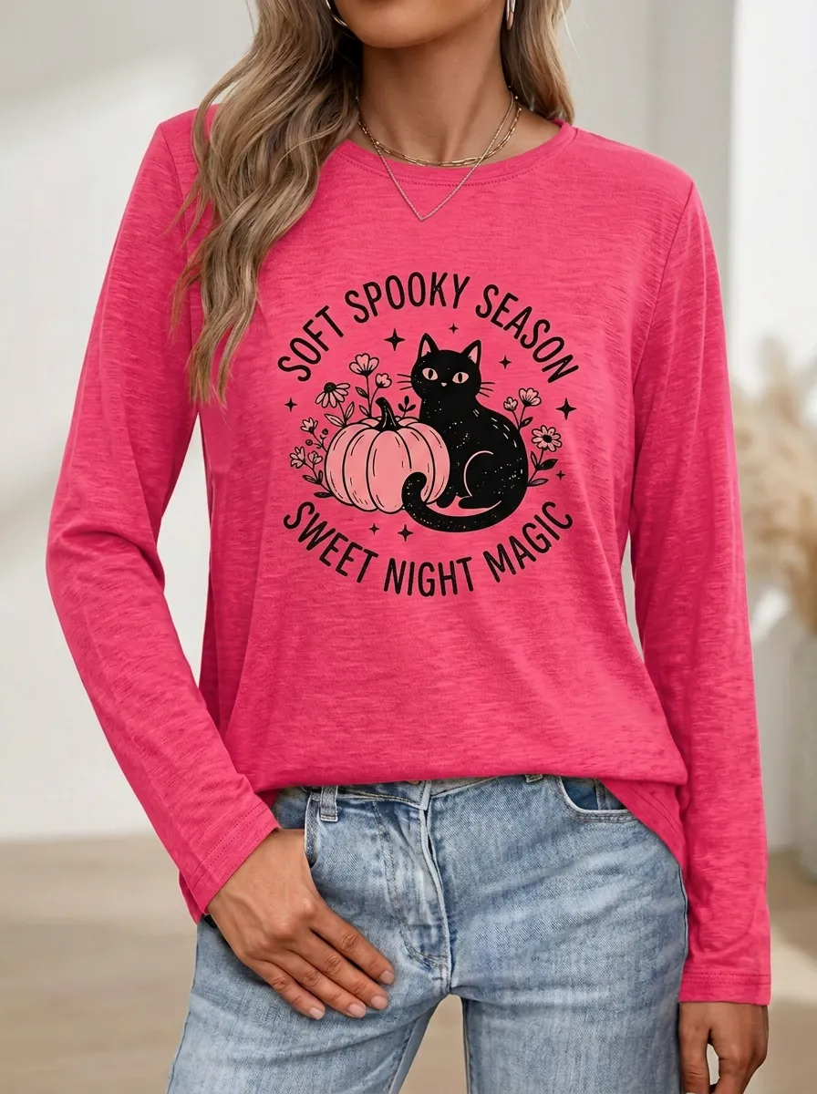 Ghost-Club Pumpkin -Cat Halloween Cotton Linen Long Sleeve Top