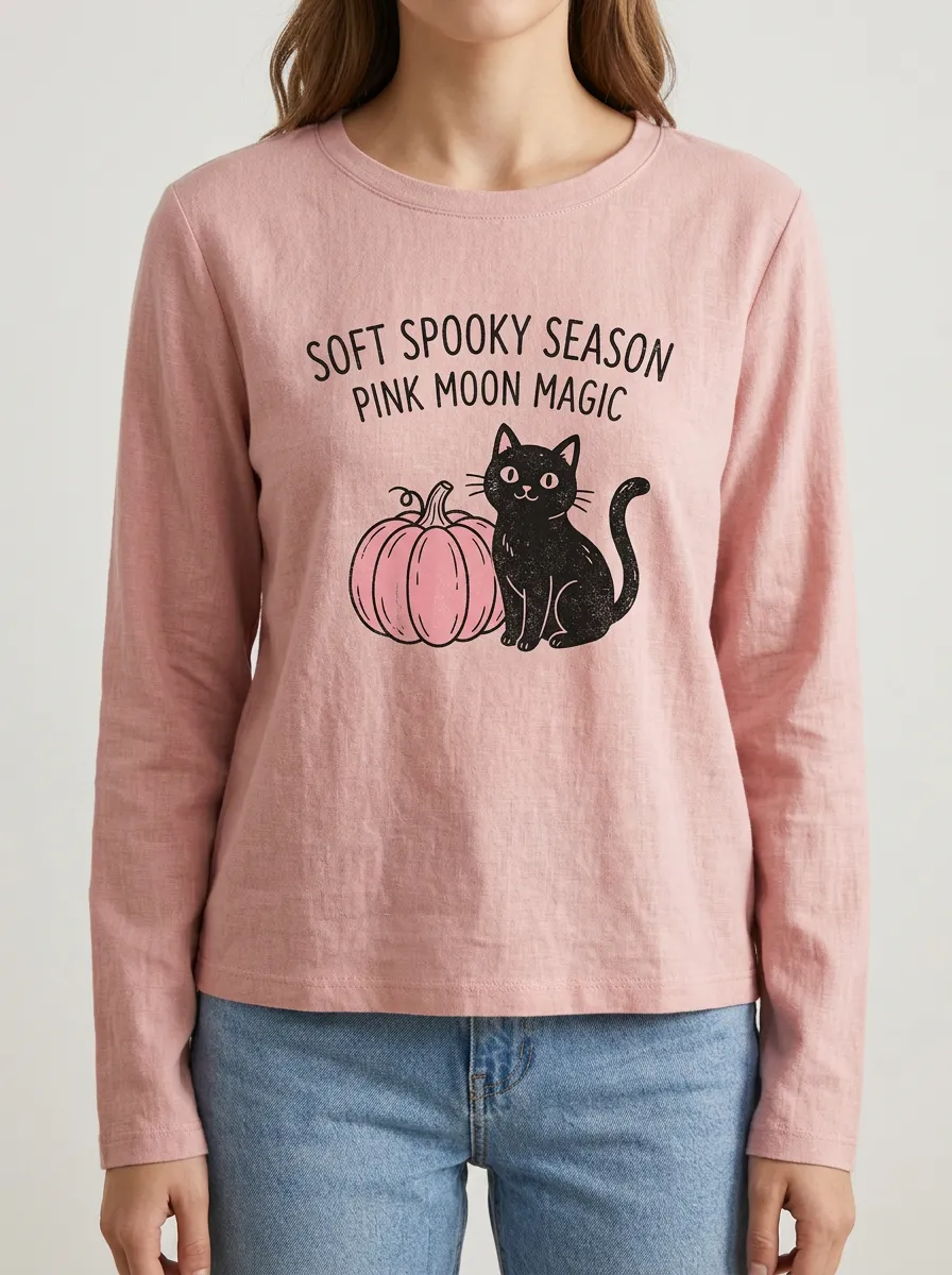 Cat Halloween Cotton Linen Long Sleeve Top