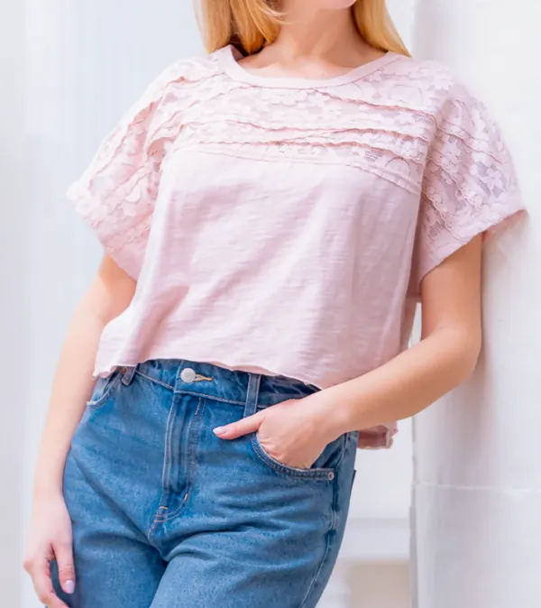 Laced Yoke W Lace Trim Round Neck Top