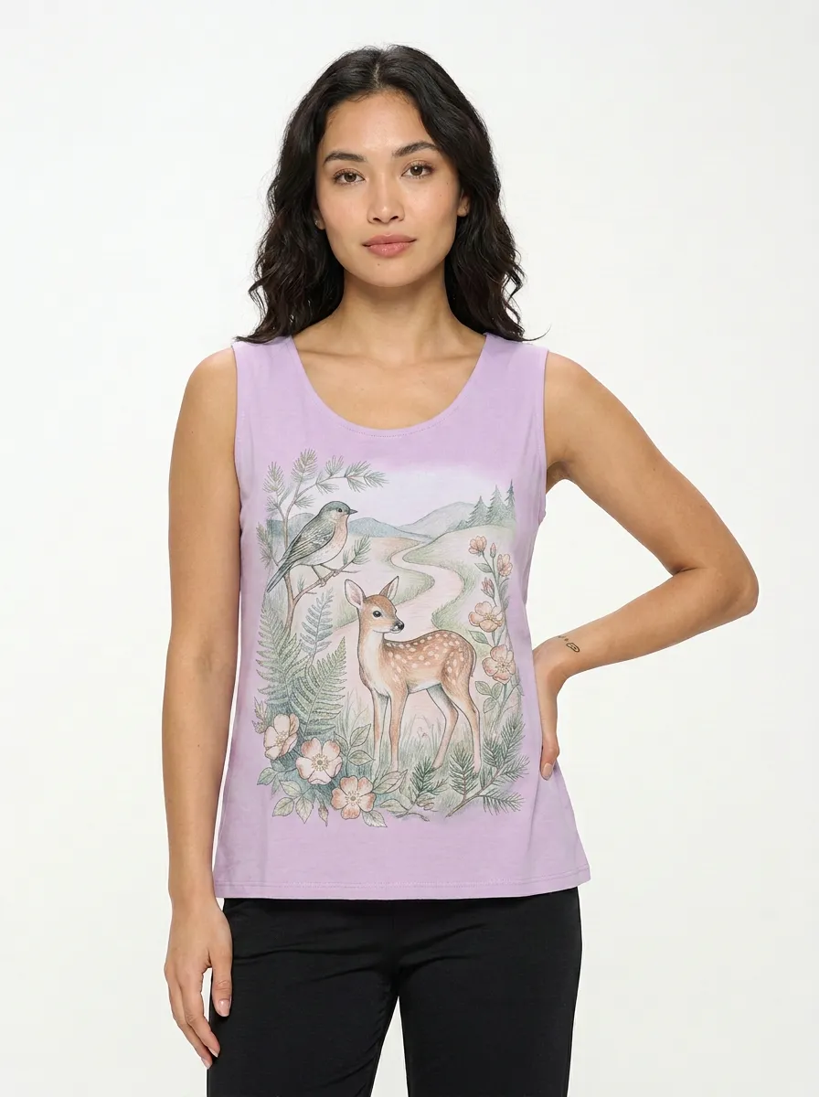 Women's Nature Lover Fawn Bird Forest Printed Tank Top