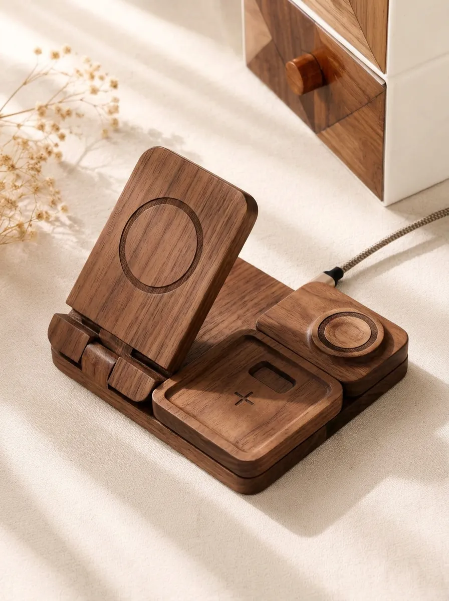 Unisex Tech Enthusiast Walnut Wood Foldable Wireless Charger