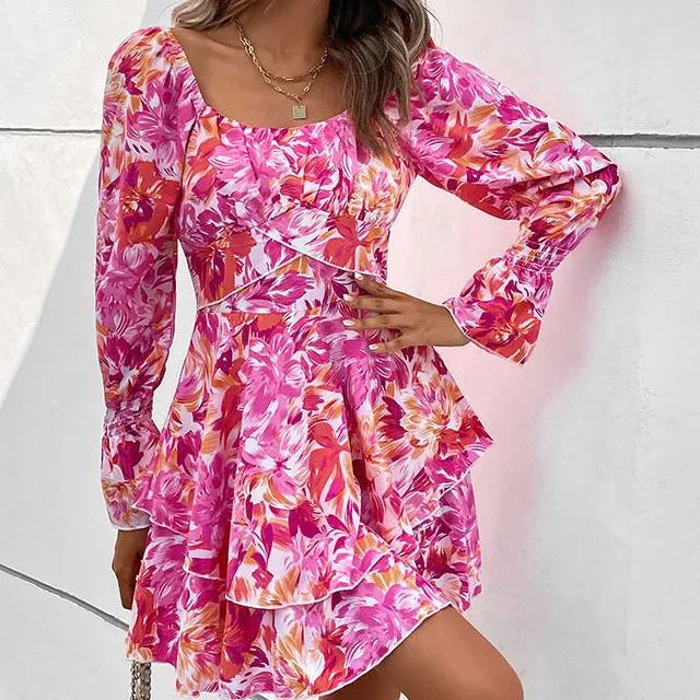 Women's Fitted V-Neck Floral Ruffled Dress